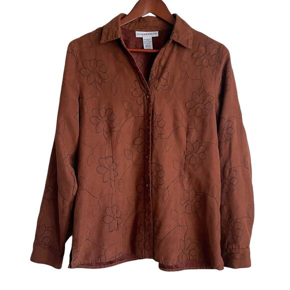 Sag Harbor Women Top M Brown Faux Suede Embroidery Floral Boho Cottage Fairygoth - Picture 1 of 10